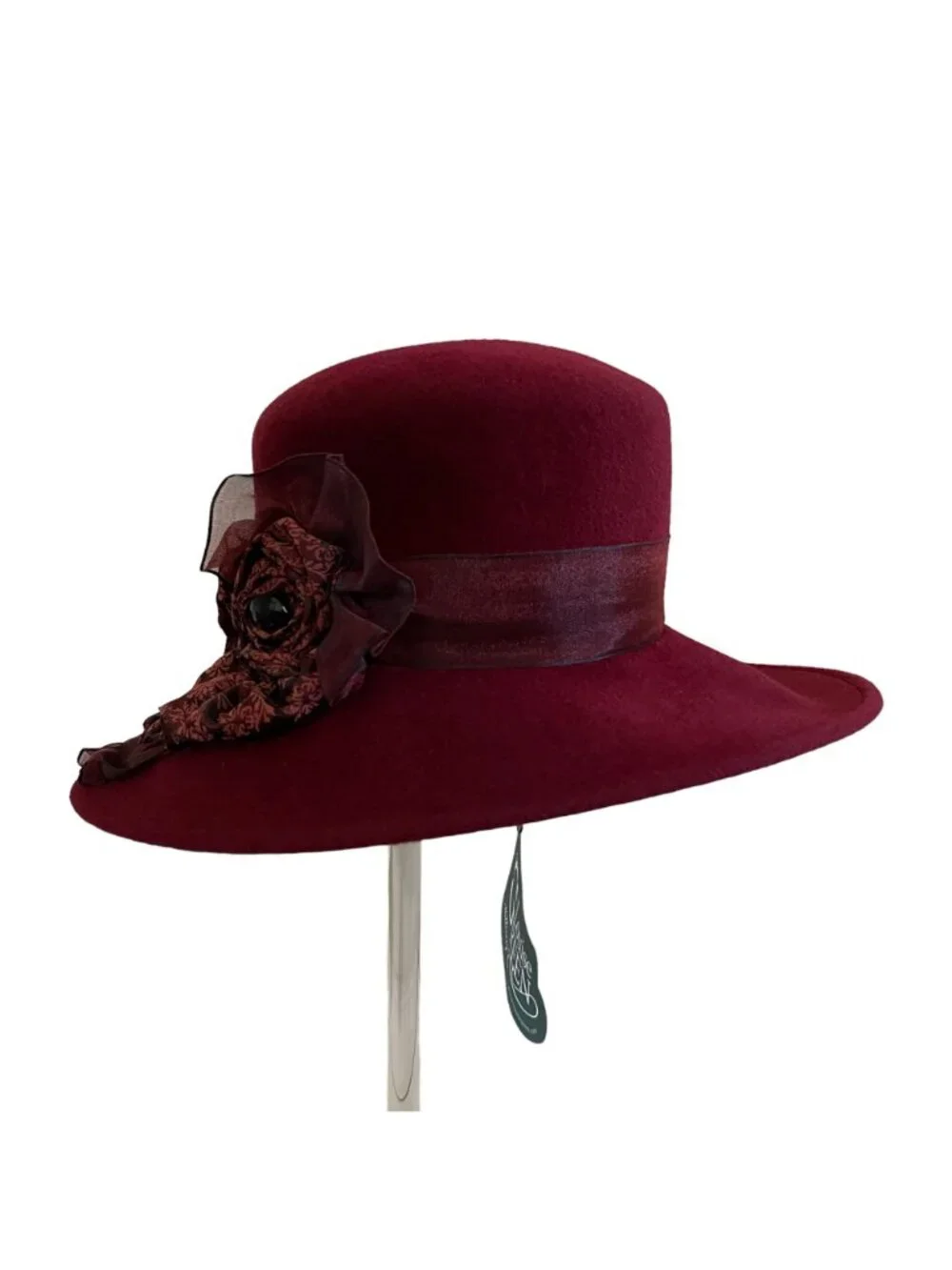 Louise Green Burgundy Wool Felt Wide Brim Hat With Floral Ribbon Detail